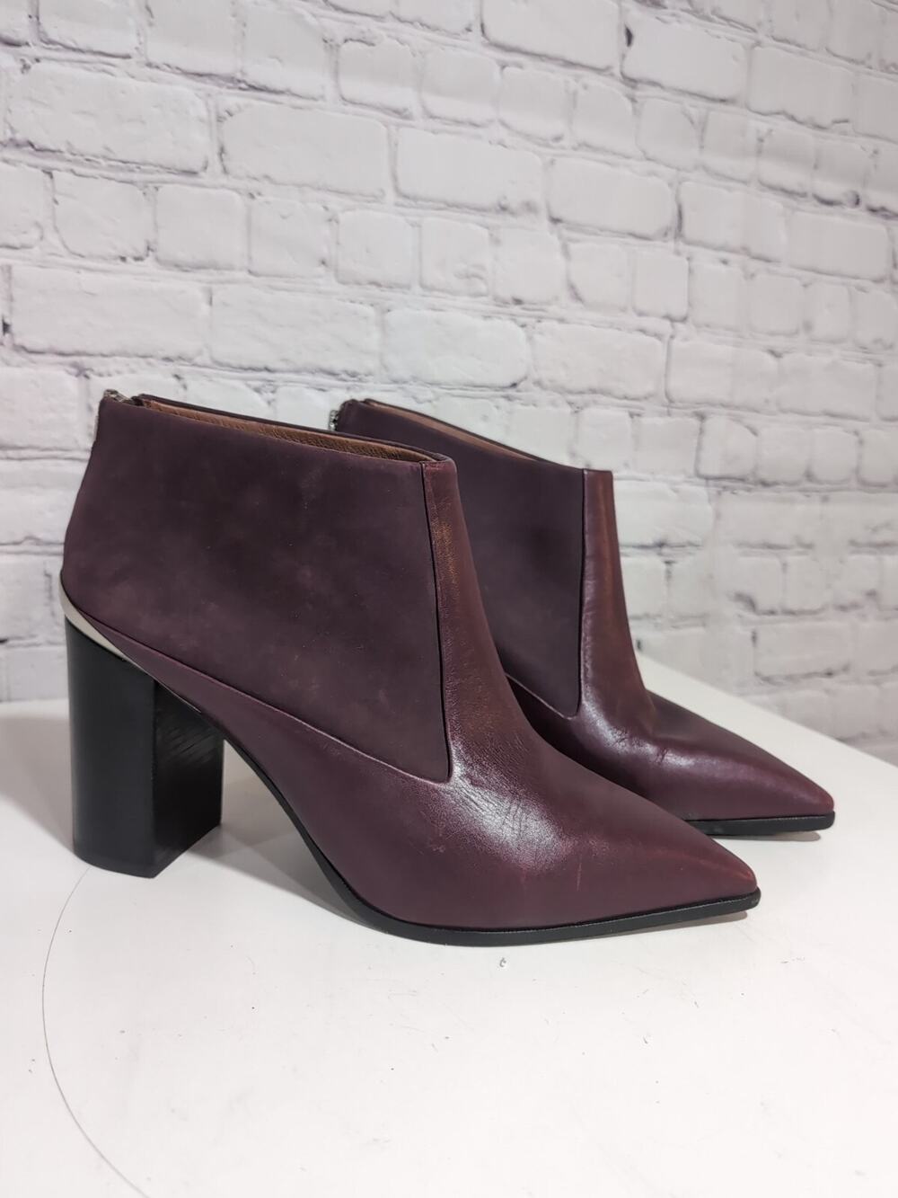 See By Chloe Burgundy Leather Ankle Boots Back Zip Silver Heel EU 41 US 10